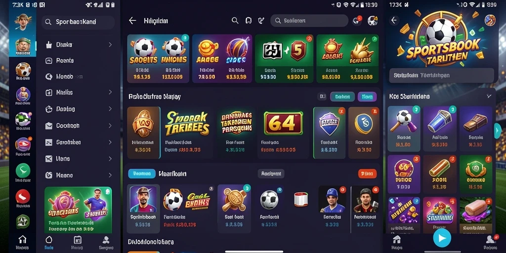 Screenshot utama 73K menampilkan antarmuka aplikasi Sportsbook yang menarik.