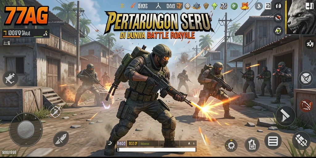 Screenshot utama 77AG menampilkan aksi seru dalam pertempuran Battle Royale.