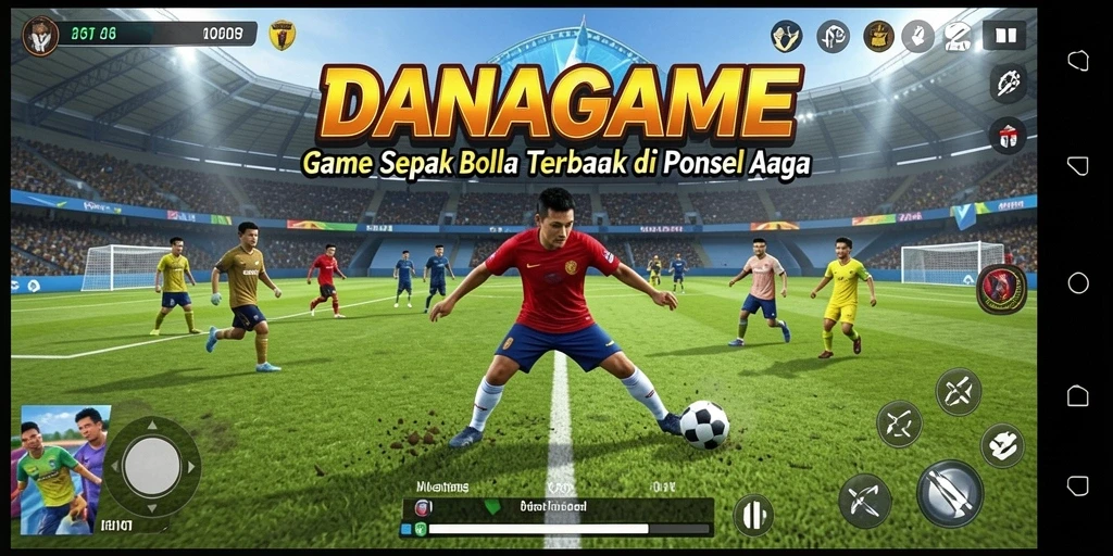 Gameplay seru DANAGAME menampilkan aksi pertandingan sepak bola yang menegangkan.