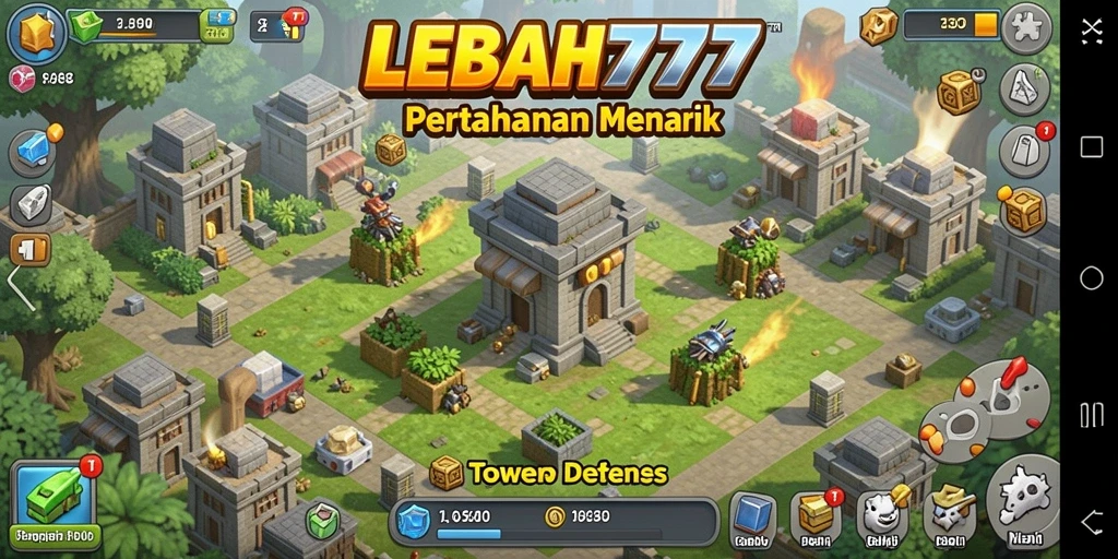 Screenshot gameplay LEBAH777 menampilkan aksi Tower Defense yang mendebarkan.