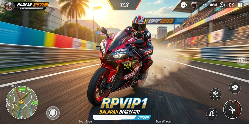 Tampilan gameplay seru RPVIP1 dengan balapan motor yang mendebarkan.