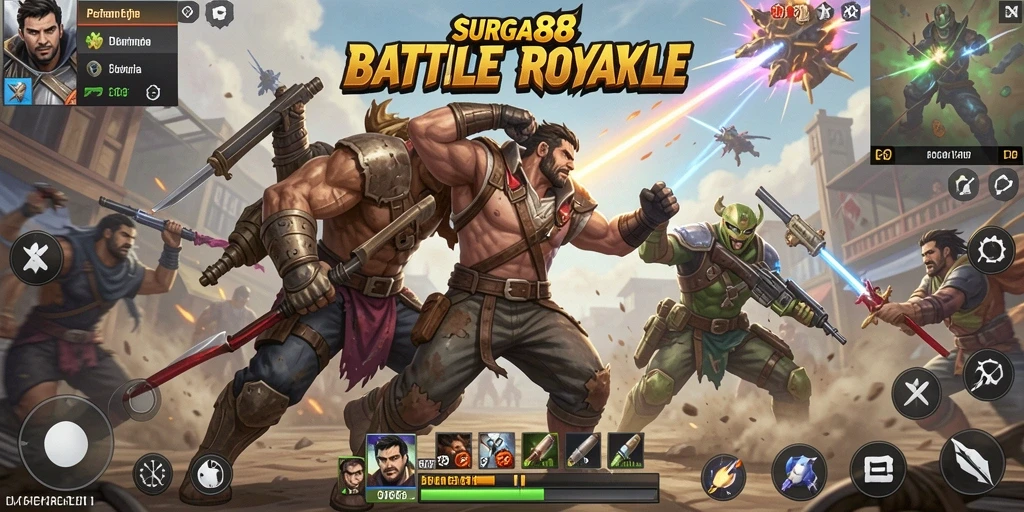 Screenshot utama yang menampilkan aksi seru dalam gameplay Battle Royale.