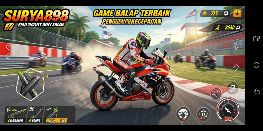 Tangkapan layar gameplay SURYA898 yang menunjukkan balapan motor yang mendebarkan.