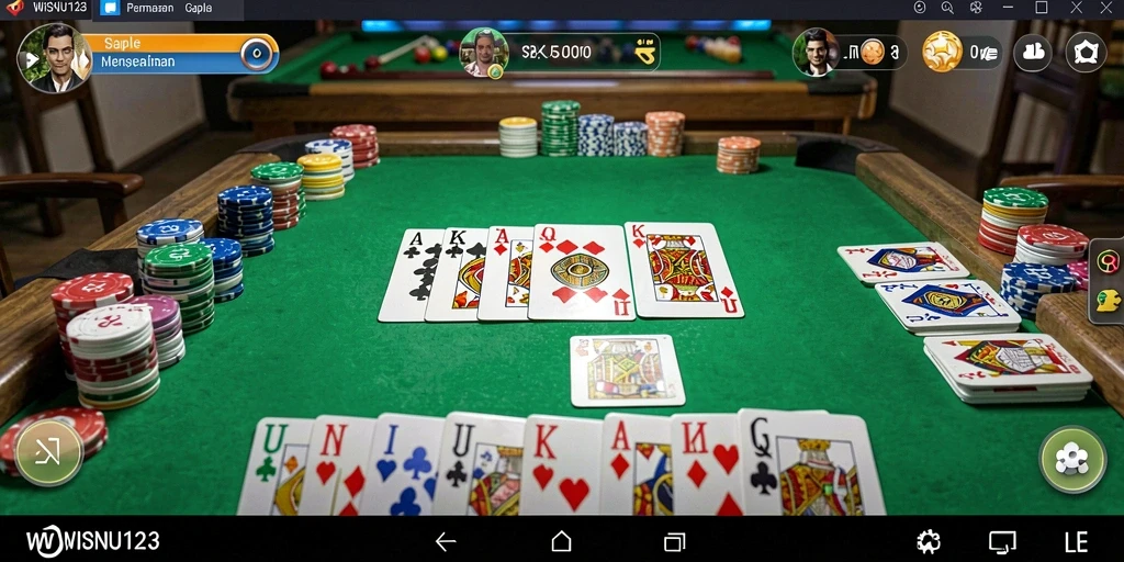 Tangkapan layar gameplay WISNU123 menampilkan suasana permainan Gaple yang seru.